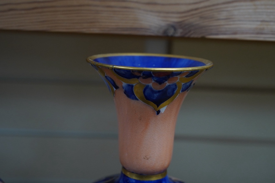 A pair of 'Alhambra', James Macintyre and Co vases, designed by William Moorcroft, 31cm high. Condition - one damaged and poorly repaired, the other in good condition with minor wear to the gilding